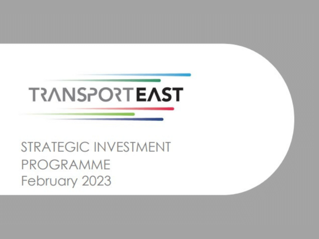Transport East Strategic Investment Programme February 2023. Document cover in grey with Transport East Logo