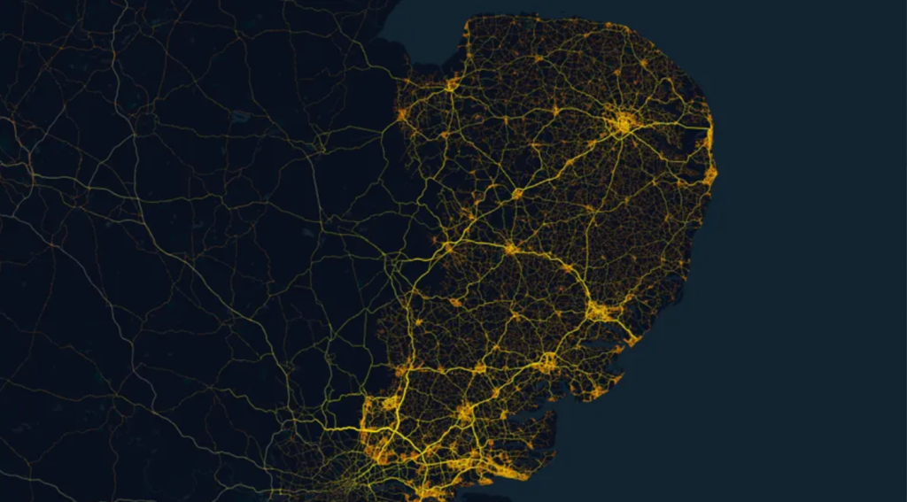 Map of the East with yellow lines representing the road network