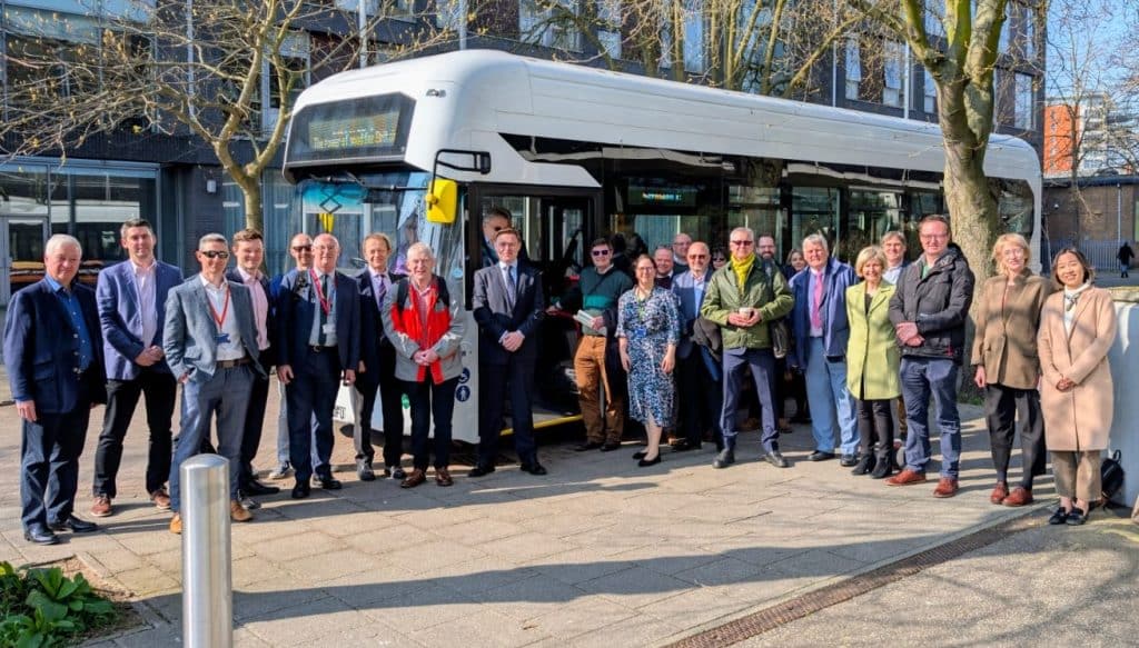 The Transport East Board and Partners standing in front of a Hydrogen powered bus