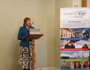 Chief Executive of Norfolk Chambers of Commerce, Nova Fairbank speaking at the rail reception