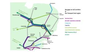 Map showing the main issues on the rail network in the East including frequency of service, poor connections and slow journey times.