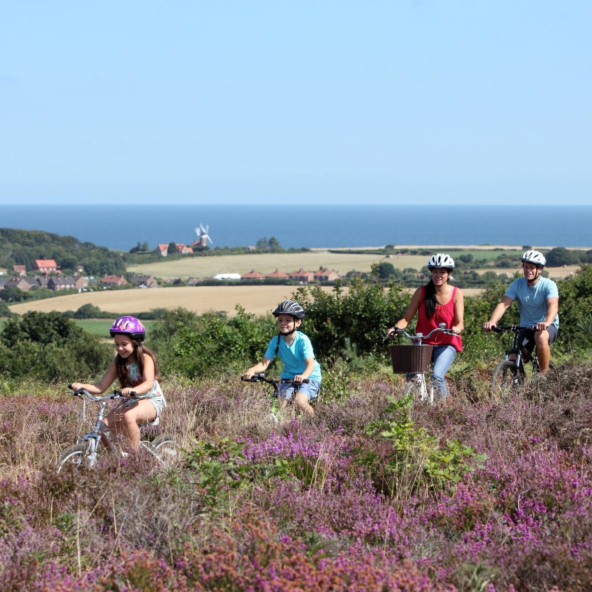 Photograph of a family with two adults and two young children cycling in the countryside with fields and the sea in the distance
